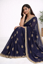 Navy Blue Designer Saree with Gold Floral Motifs & Elegant Border