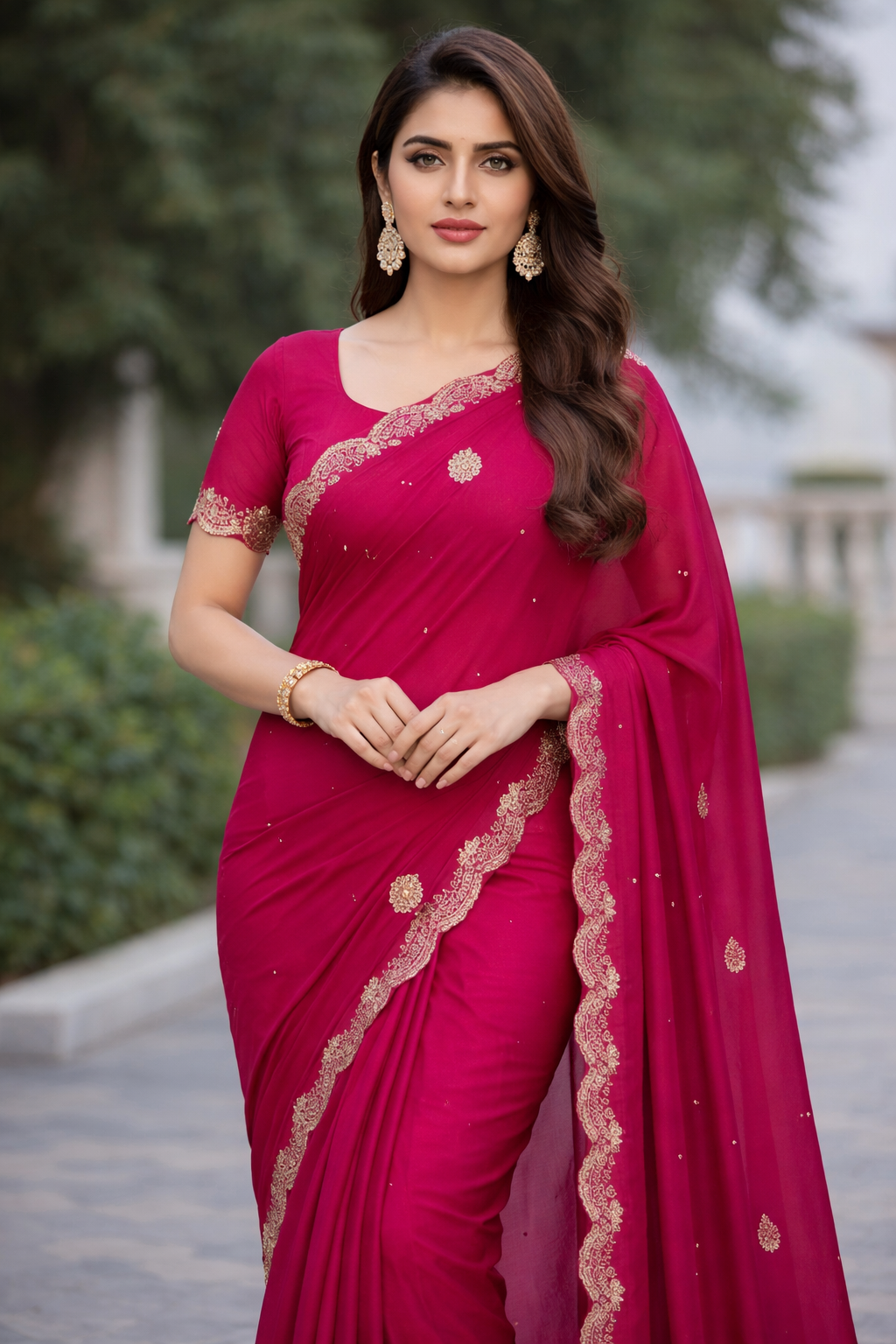 Premium Soft Silk Moti Work Saree with Elegant Pearl Lace Border (Magenta Pink)