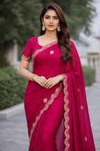 Premium Soft Silk Moti Work Saree with Elegant Pearl Lace Border (Magenta Pink)