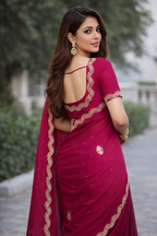 Premium Soft Silk Moti Work Saree with Elegant Pearl Lace Border (Magenta Pink)