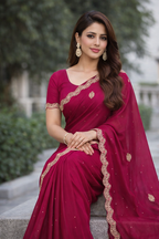 Premium Soft Silk Moti Work Saree with Elegant Pearl Lace Border (Magenta Pink)