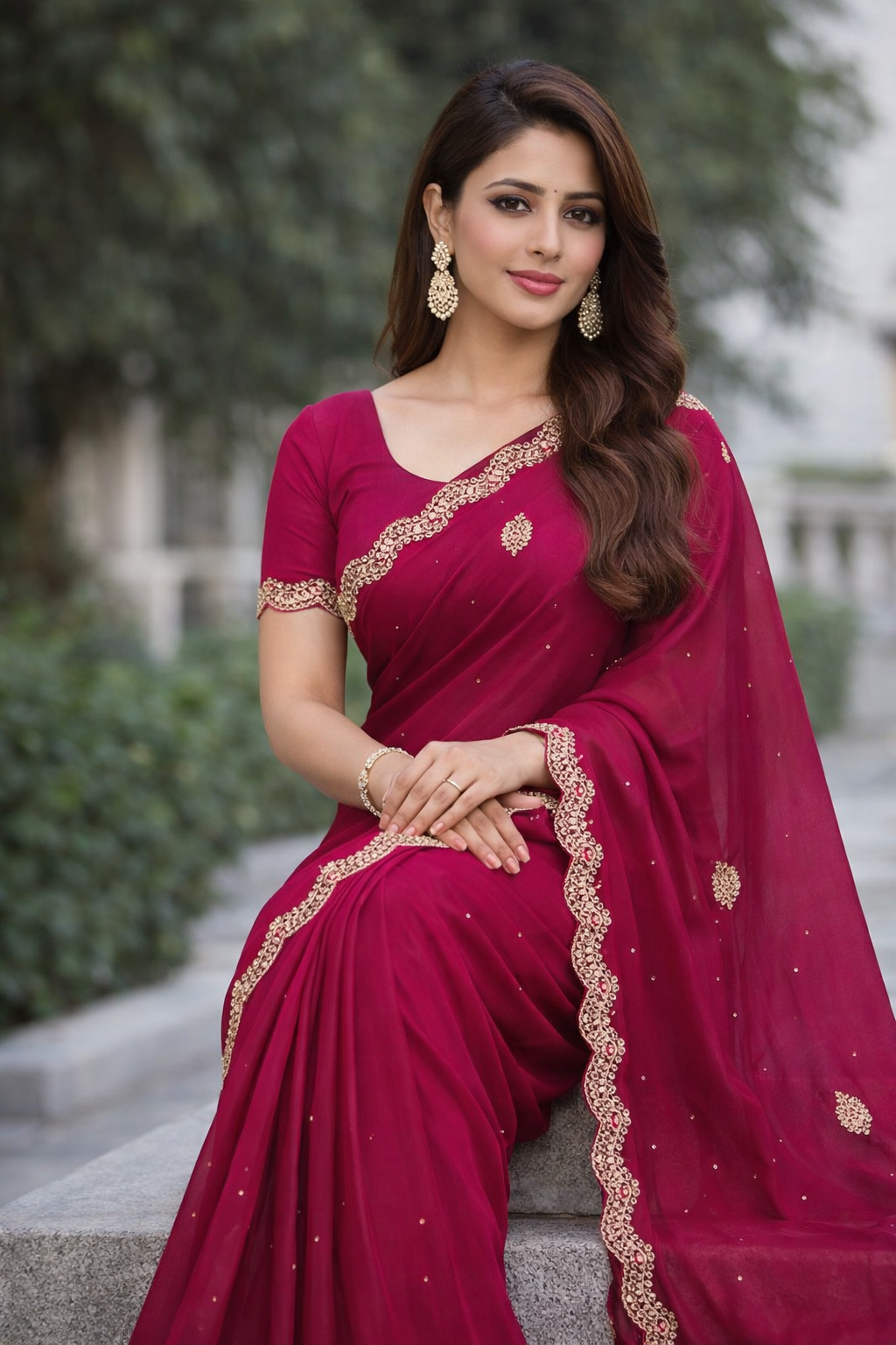 Premium Soft Silk Moti Work Saree with Elegant Pearl Lace Border (Magenta Pink)