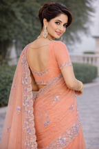 Premium Radhika Soft Silk Saree with Floral Embroidery & Designer Lace Border (Peach Orange)