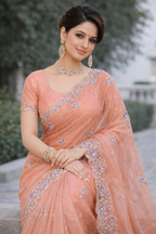 Premium Radhika Soft Silk Saree with Floral Embroidery & Designer Lace Border (Peach Orange)