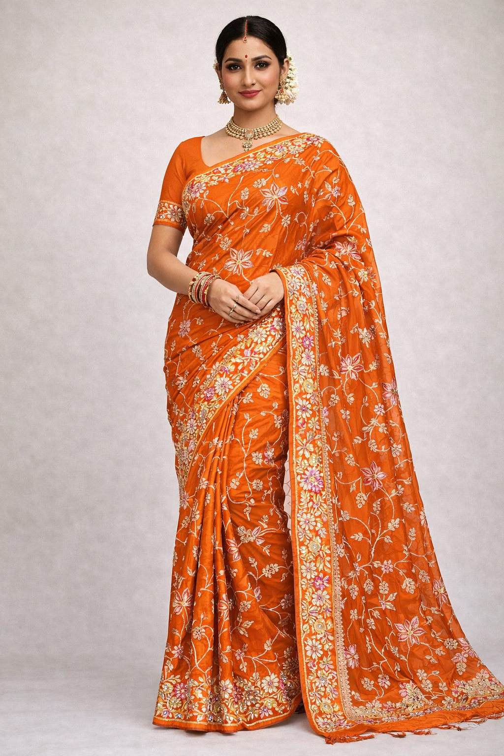 Premium Floral Embroidered Bengali Style Saree with Designer Border | Party Wear & Festive Collection