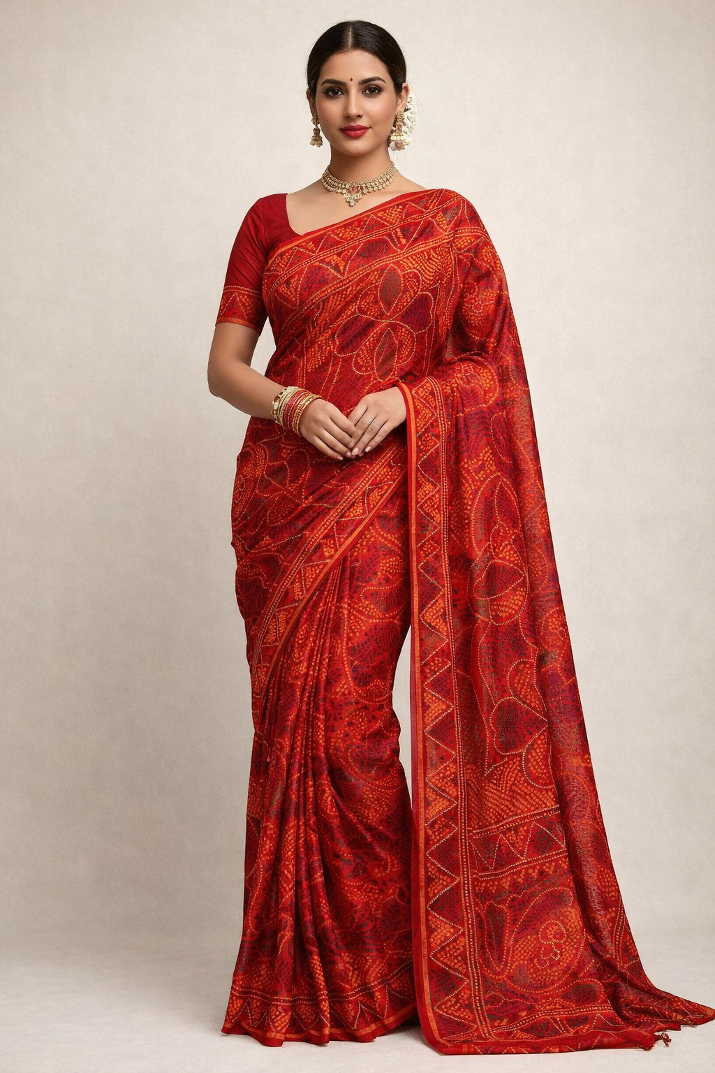 Red Shekhawati Printed Saree for Women | Traditional Rajasthani Ethnic Designer Saree