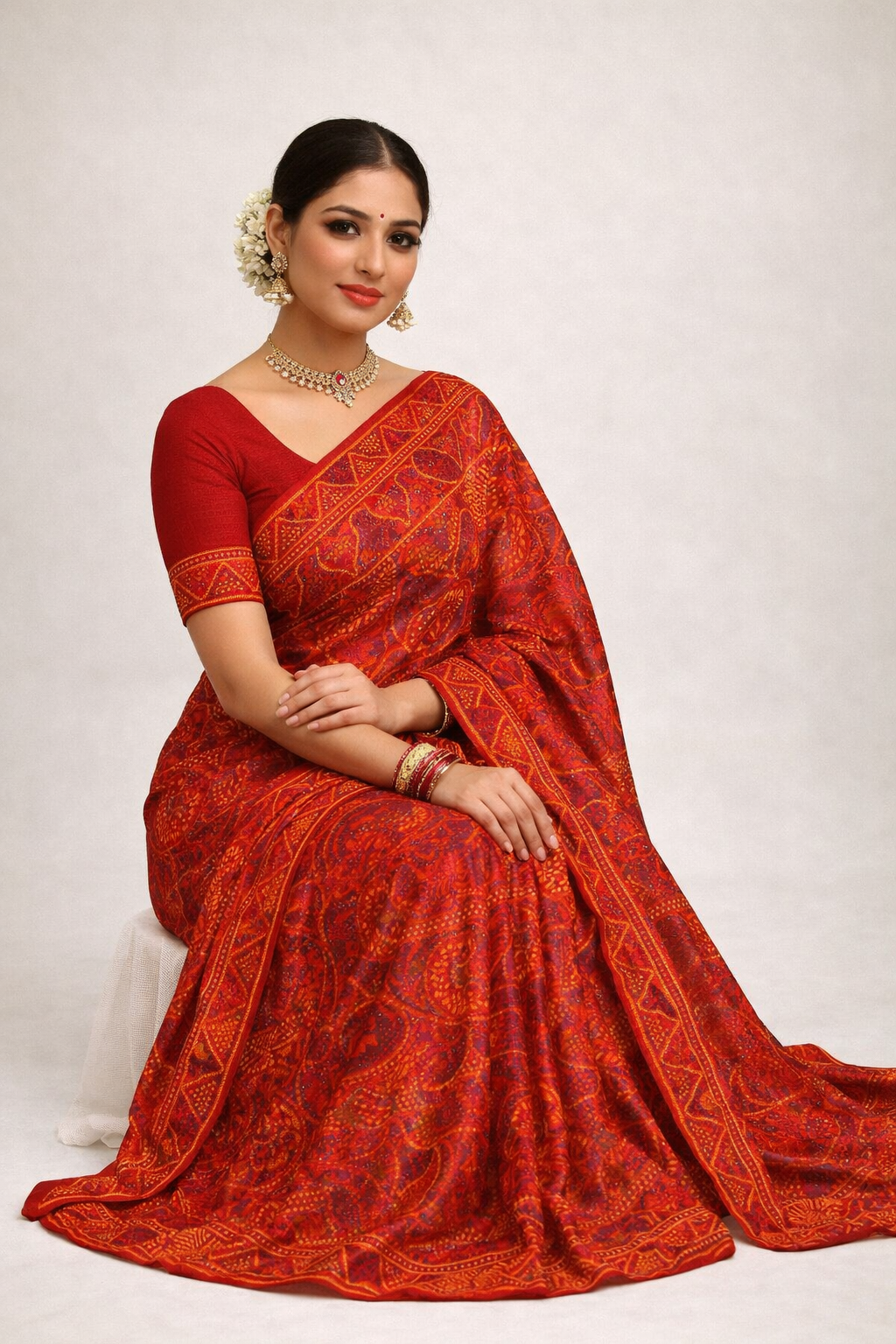Red Shekhawati Printed Saree for Women | Traditional Rajasthani Ethnic Designer Saree