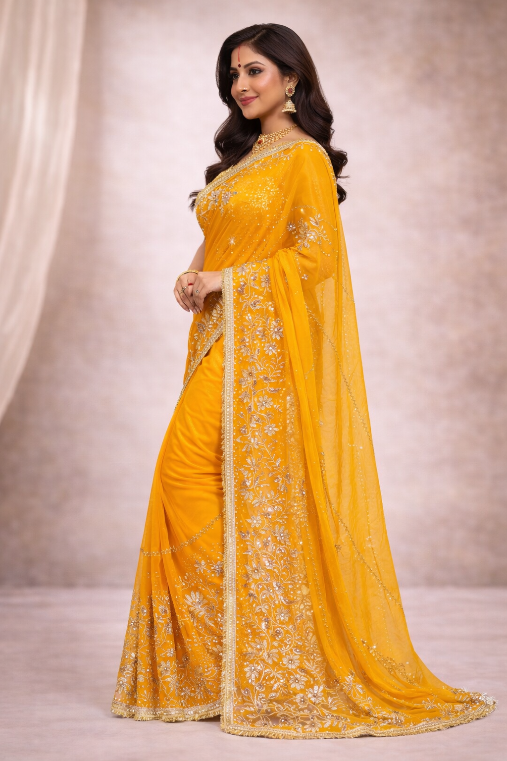 Mustard Yellow Designer Saree with Silver Zari Embroidery & Lace Border | Festive & Wedding Wear Saree for Women