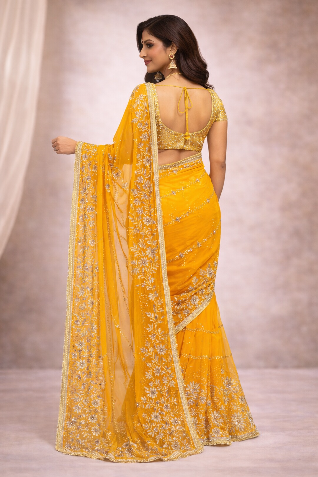 Mustard Yellow Designer Saree with Silver Zari Embroidery & Lace Border | Festive & Wedding Wear Saree for Women