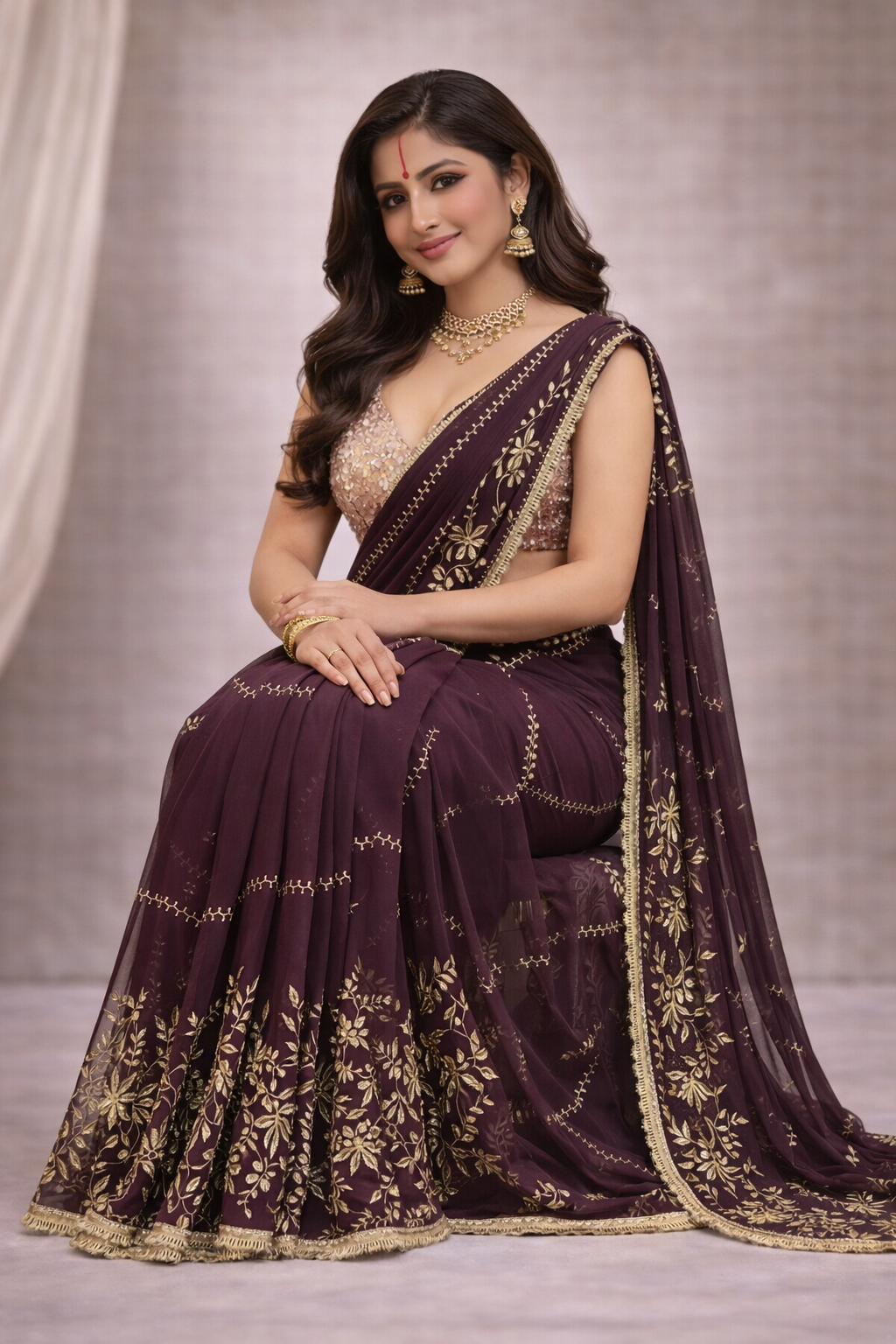 Wine Color Designer Saree with Golden Zari Embroidery & Lace Border | Elegant Party & Wedding Wear Saree for Women
