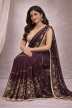 Wine Color Designer Saree with Golden Zari Embroidery & Lace Border | Elegant Party & Wedding Wear Saree for Women