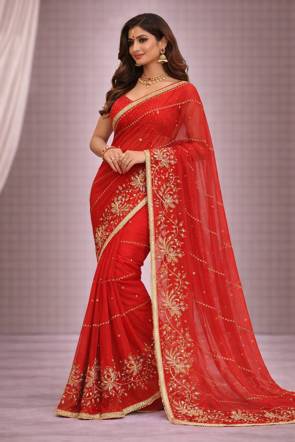 Red Designer Saree with Golden Floral Embroidery & Lace Border | Bridal & Wedding Wear Saree for Women