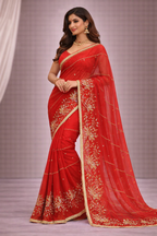 Red Designer Saree with Golden Floral Embroidery & Lace Border | Bridal & Wedding Wear Saree for Women