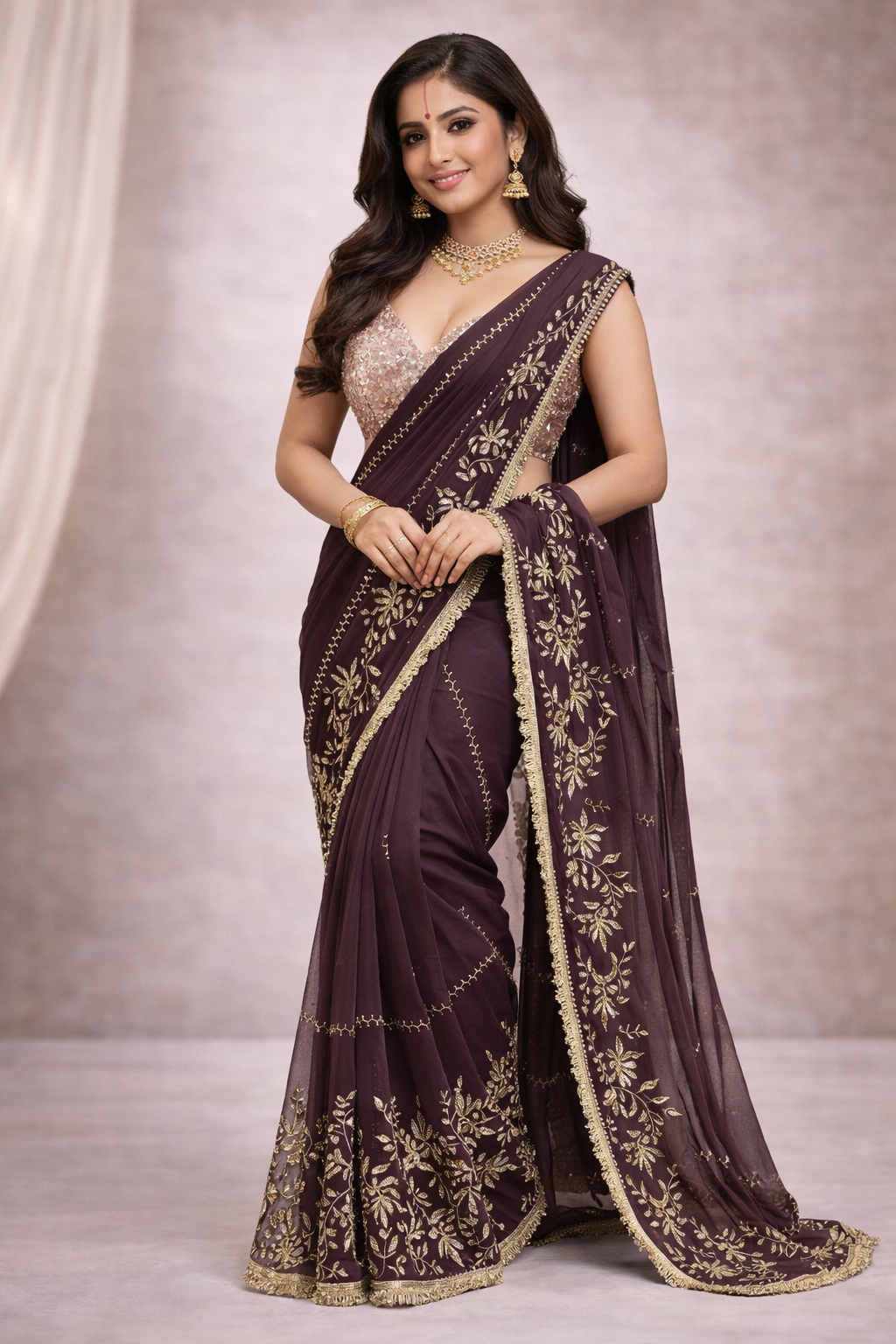 Wine Color Designer Saree with Golden Zari Embroidery & Lace Border | Elegant Party & Wedding Wear Saree for Women