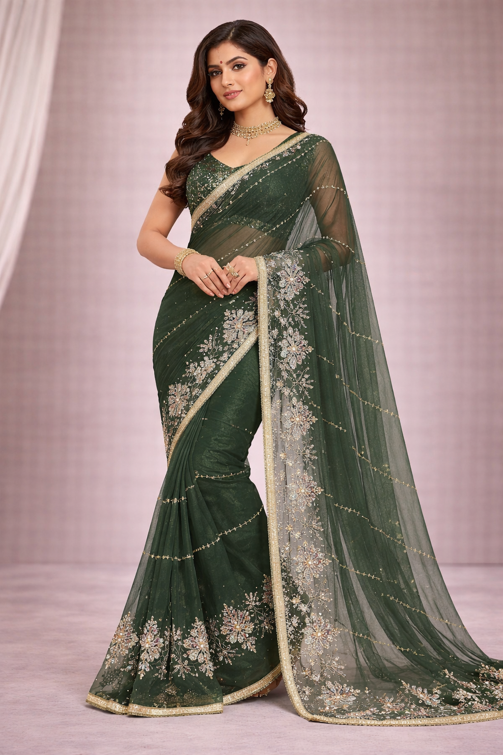 Dark Green Designer Saree with Floral Embroidery & Golden Lace Border | Party Wear & Wedding Saree for Women