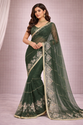 Dark Green Designer Saree with Floral Embroidery & Golden Lace Border | Party Wear & Wedding Saree for Women