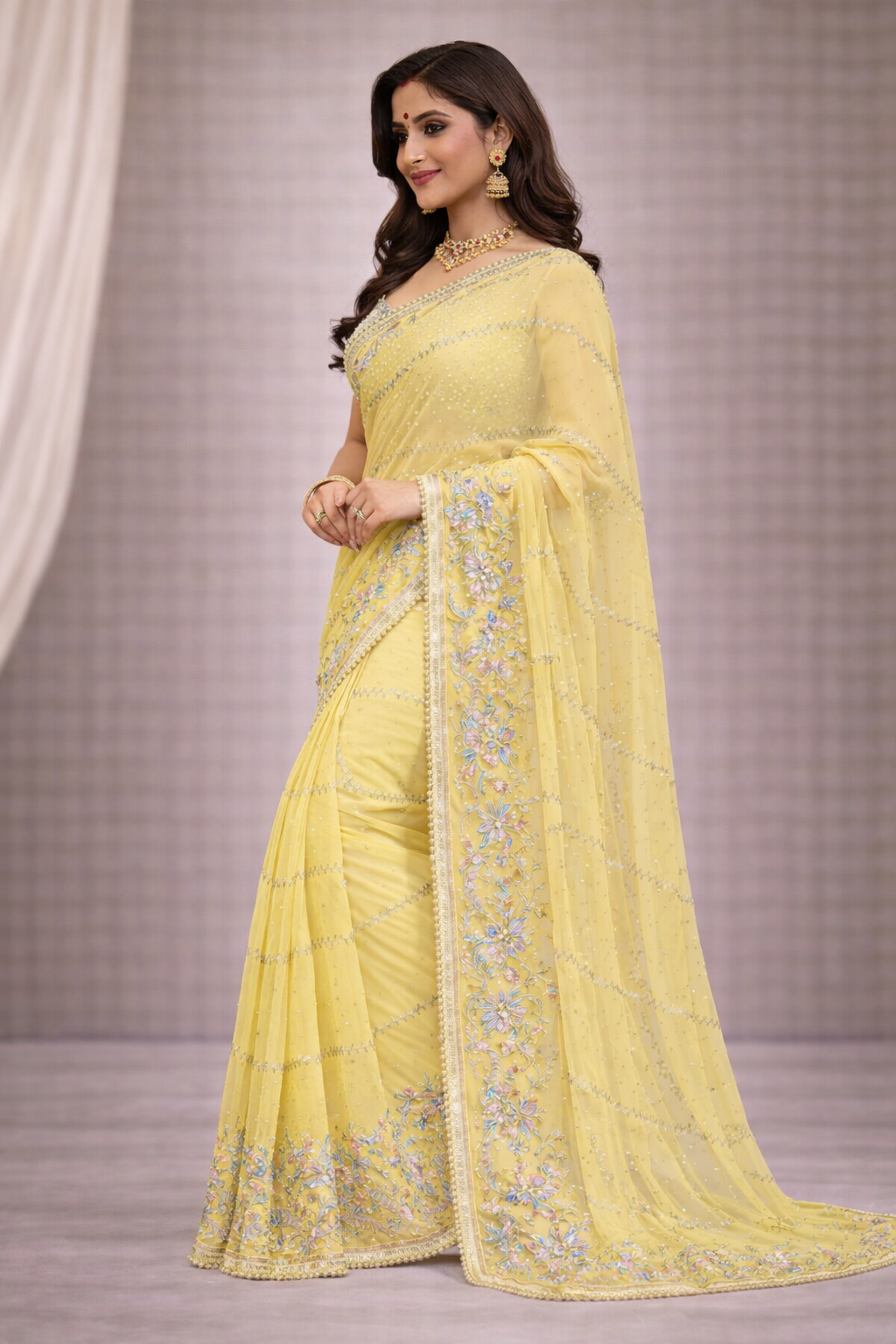 Pastel Yellow Designer Saree with Floral Embroidery & Lace Border | Elegant Party & Festive Wear Saree for Women