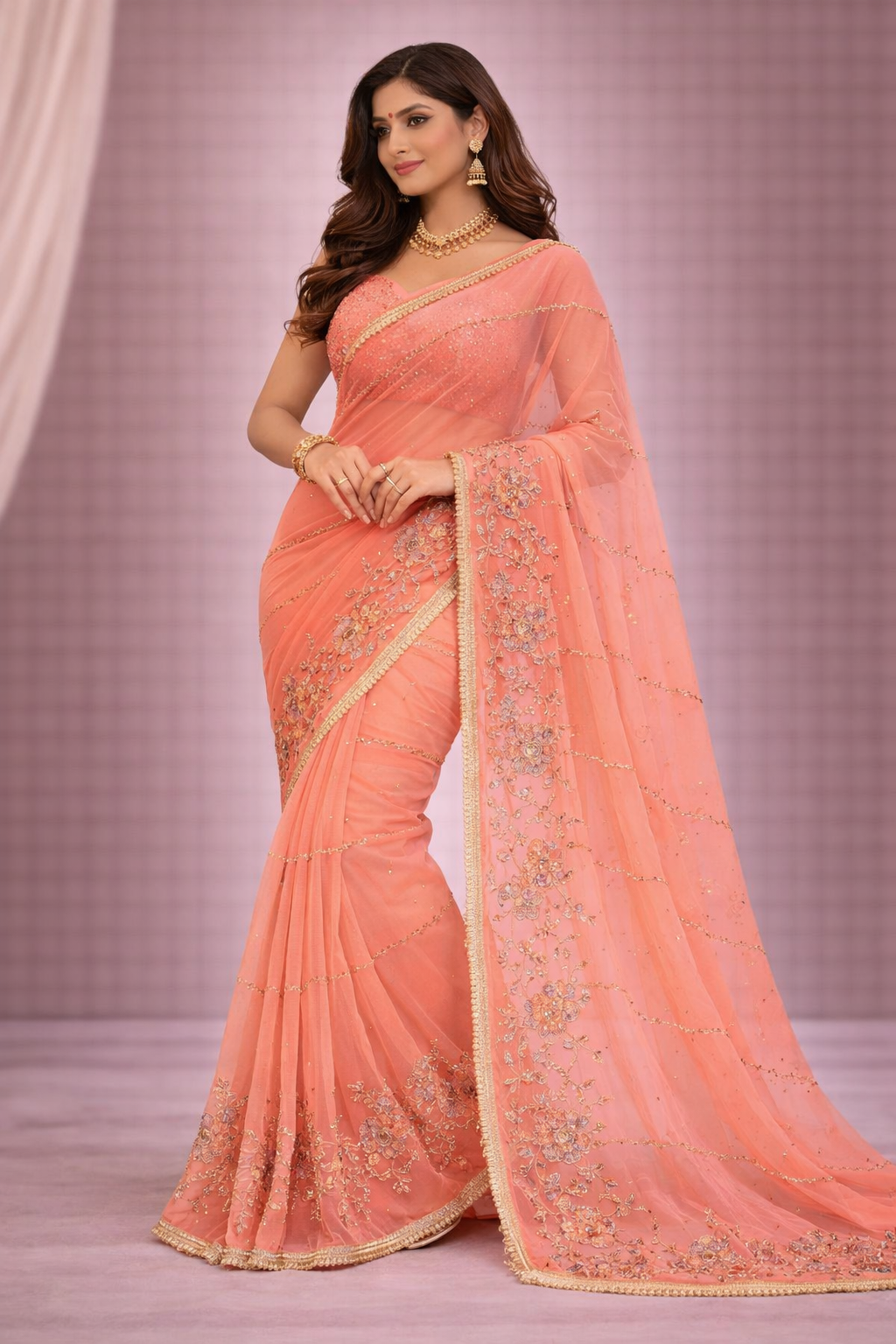 Peach Designer Saree with Floral Embroidery & Golden Lace Border | Elegant Party & Wedding Wear Saree for Women