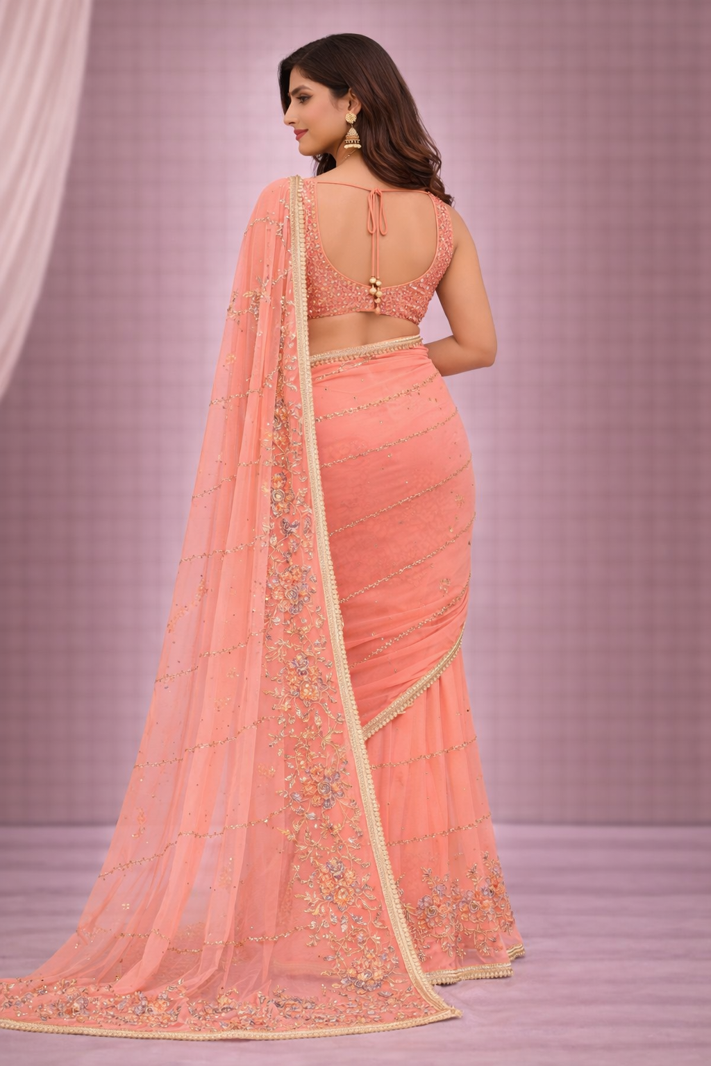 Peach Designer Saree with Floral Embroidery & Golden Lace Border | Elegant Party & Wedding Wear Saree for Women