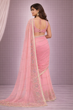 Baby Pink Designer Saree with Floral Embroidery & Golden Lace Border | Elegant Party & Wedding Wear Saree for Women