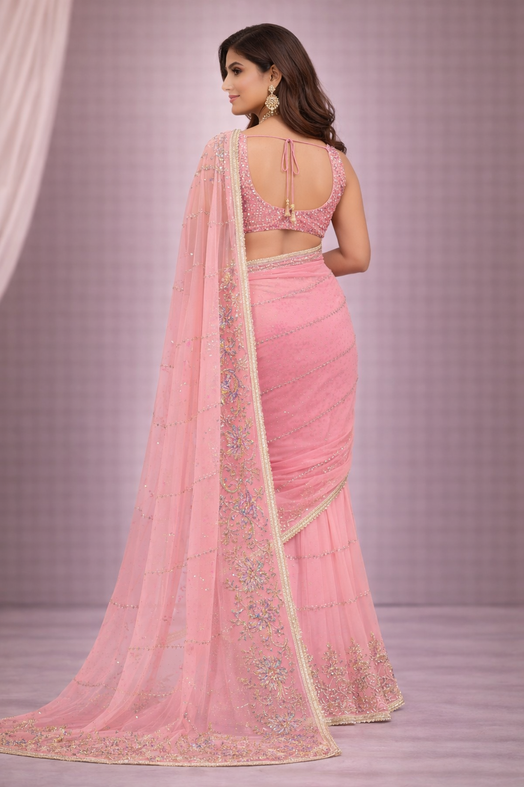 Baby Pink Designer Saree with Floral Embroidery & Golden Lace Border | Elegant Party & Wedding Wear Saree for Women