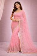 Baby Pink Designer Saree with Floral Embroidery & Golden Lace Border | Elegant Party & Wedding Wear Saree for Women
