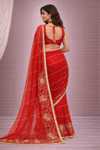 Red Designer Saree with Golden Floral Embroidery & Lace Border | Bridal & Wedding Wear Saree for Women