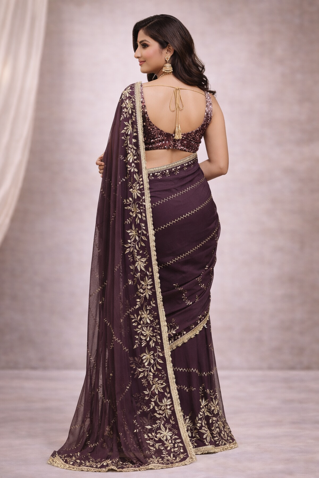 Wine Color Designer Saree with Golden Zari Embroidery & Lace Border | Elegant Party & Wedding Wear Saree for Women