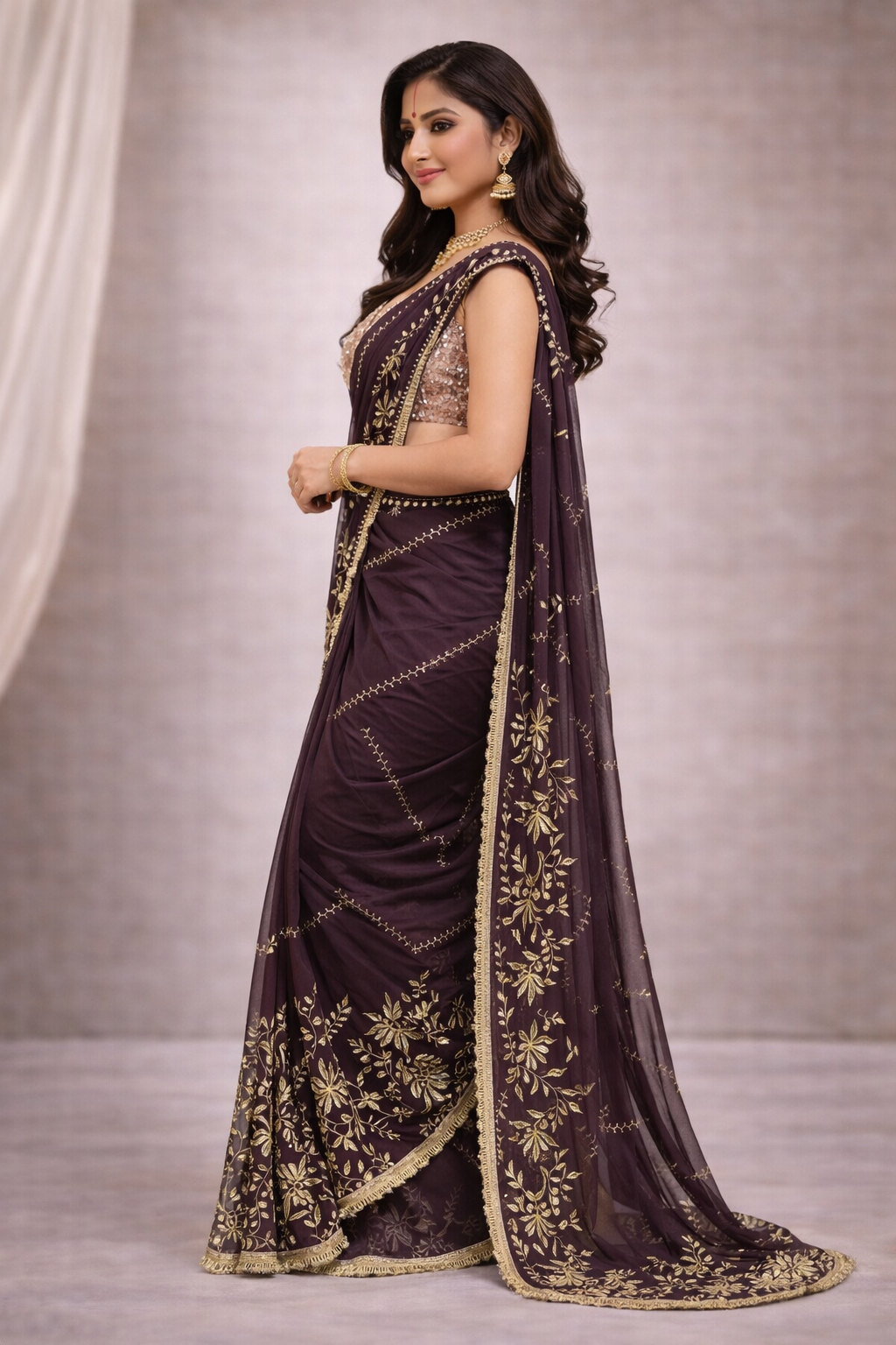Wine Color Designer Saree with Golden Zari Embroidery & Lace Border | Elegant Party & Wedding Wear Saree for Women