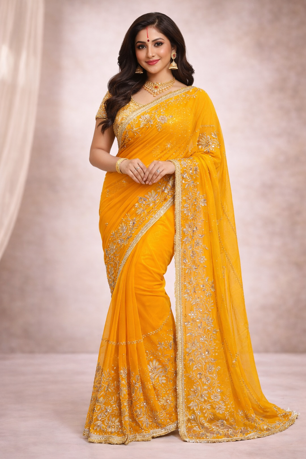 Mustard Yellow Designer Saree with Silver Zari Embroidery & Lace Border | Festive & Wedding Wear Saree for Women