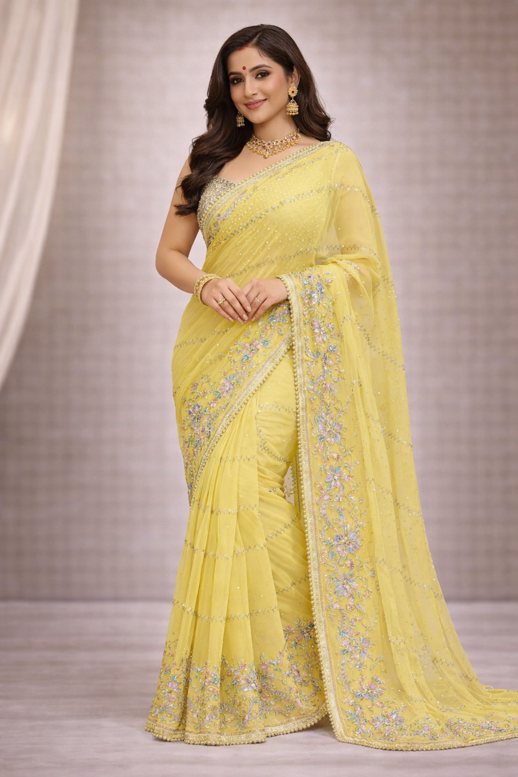 Pastel Yellow Designer Saree with Floral Embroidery & Lace Border | Elegant Party & Festive Wear Saree for Women