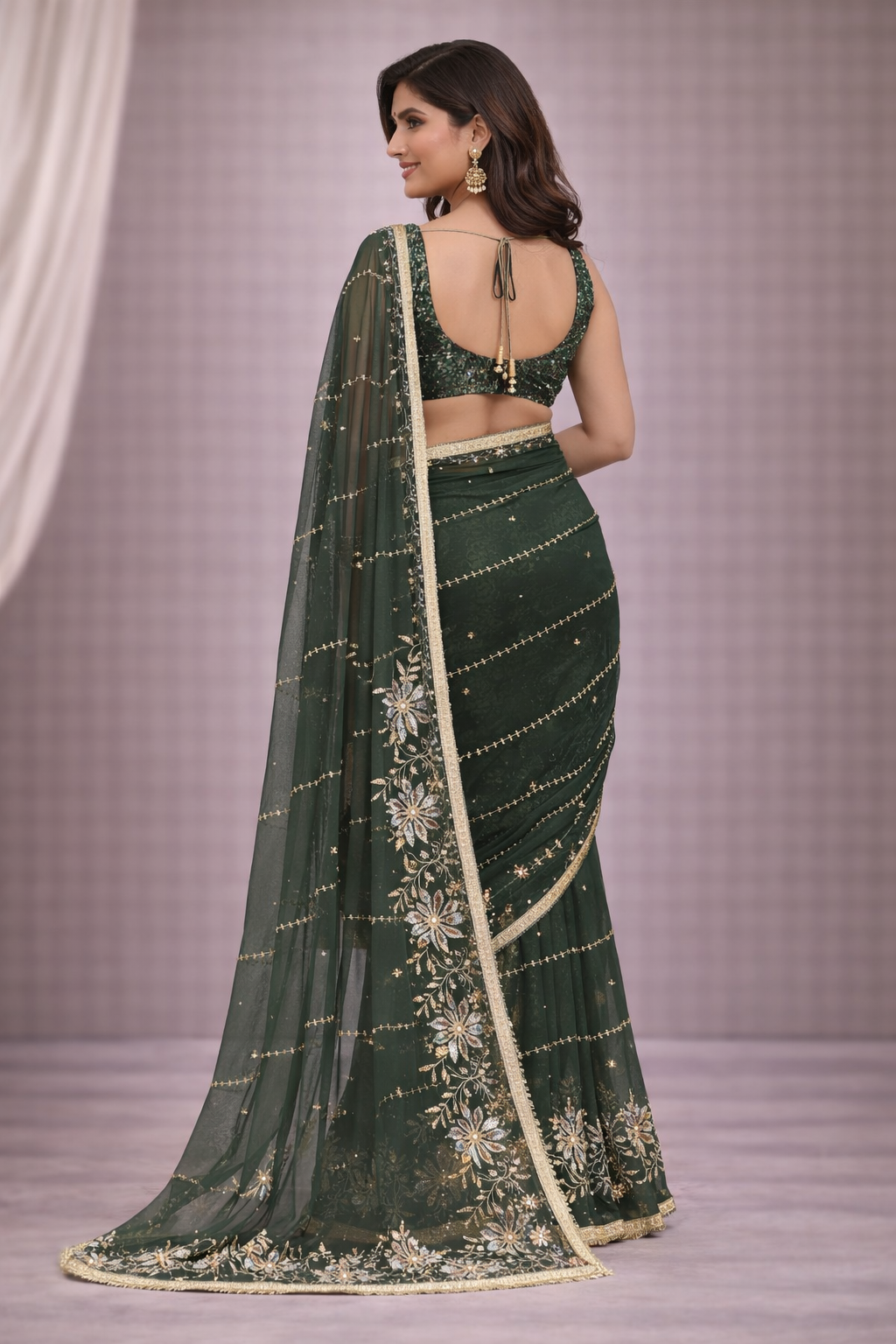 Dark Green Designer Saree with Floral Embroidery & Golden Lace Border | Party Wear & Wedding Saree for Women