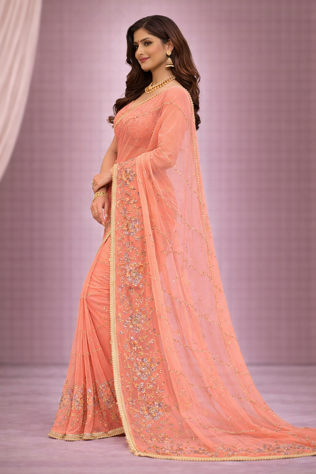 Peach Designer Saree with Floral Embroidery & Golden Lace Border | Elegant Party & Wedding Wear Saree for Women