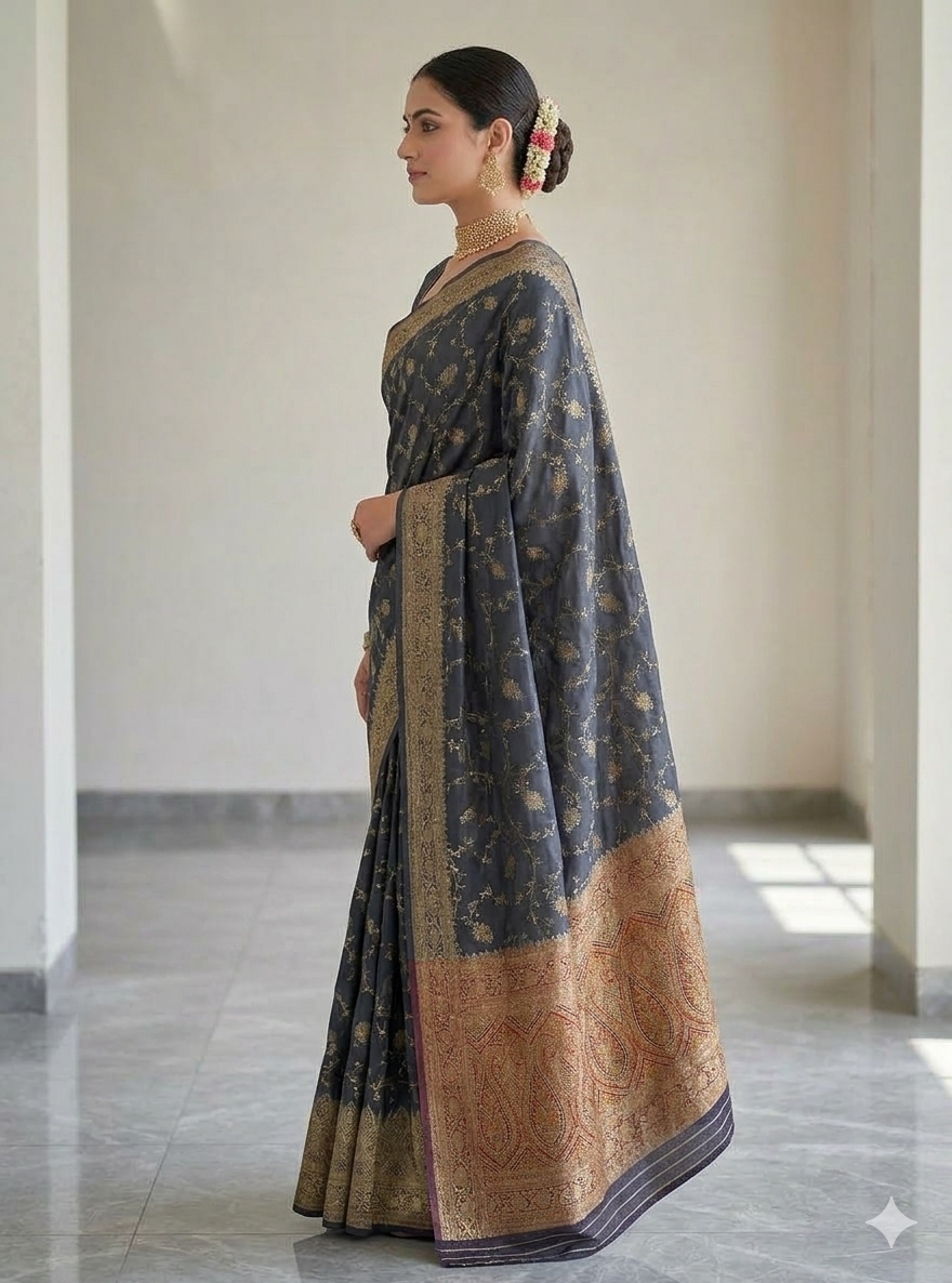 Navy Blue Banarasi Silk Saree with Golden Zari Work | Elegant Traditional Party Wear Saree for Women
