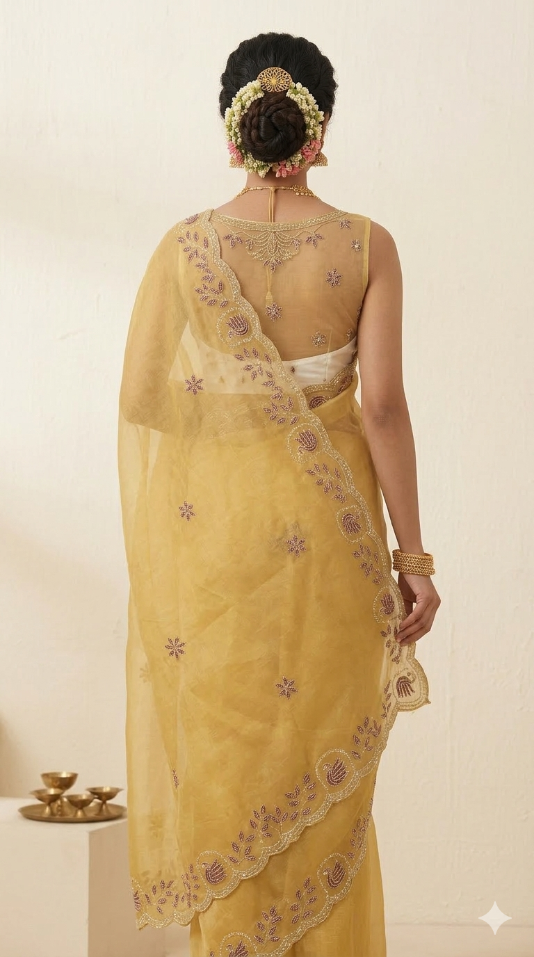Elegant Floral Work Organza Saree | Lightweight Party Wear