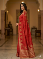 Elegant Red Banarasi Silk Saree with Golden Zari Border – Traditional Wedding & Festive Wear