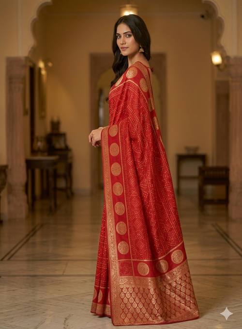 Elegant Red Banarasi Silk Saree with Golden Zari Border – Traditional Wedding & Festive Wear