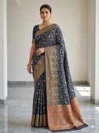 Navy Blue Banarasi Silk Saree with Golden Zari Work | Elegant Traditional Party Wear Saree for Women