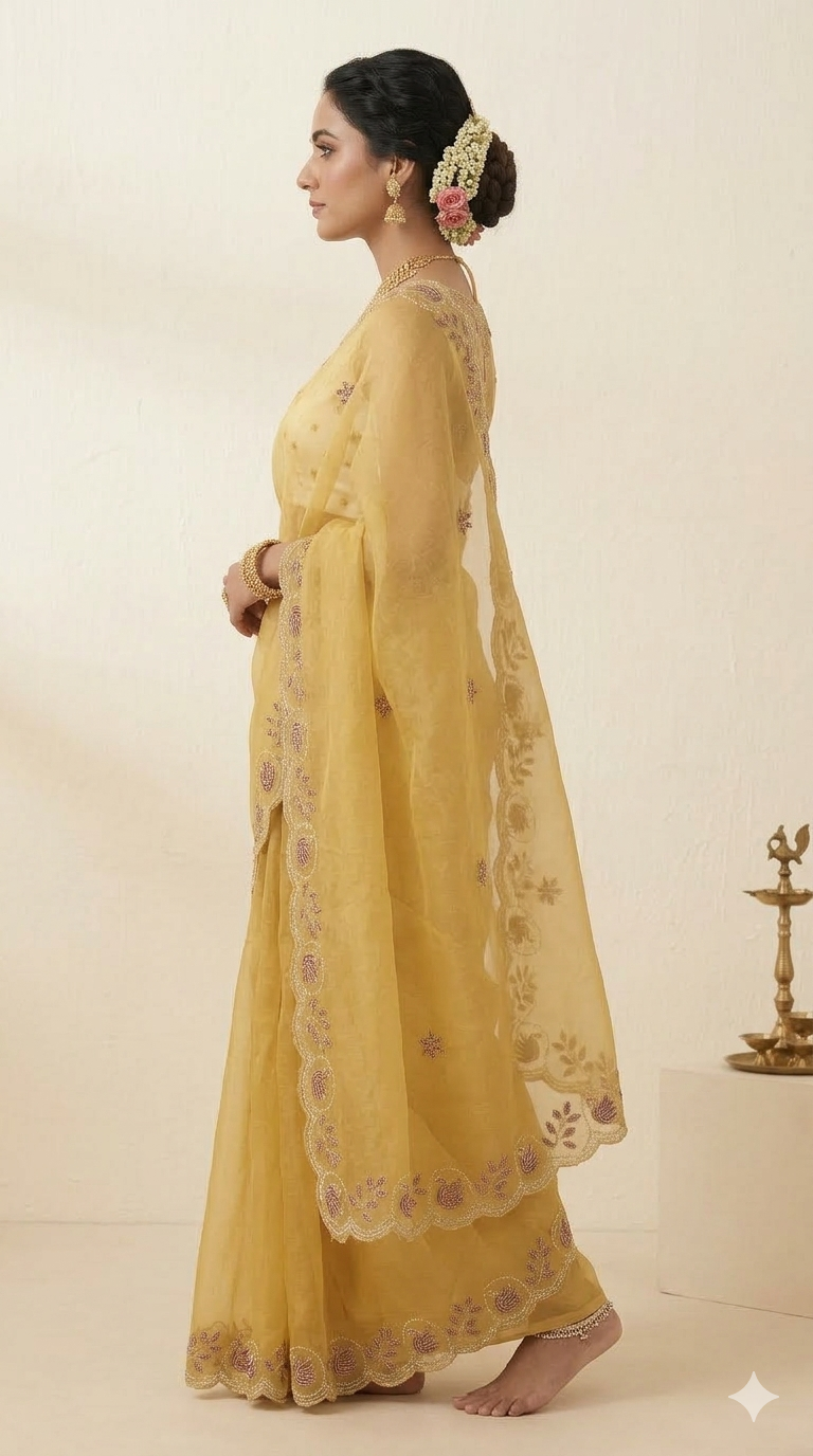 Elegant Floral Work Organza Saree | Lightweight Party Wear