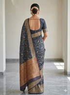 Navy Blue Banarasi Silk Saree with Golden Zari Work | Elegant Traditional Party Wear Saree for Women