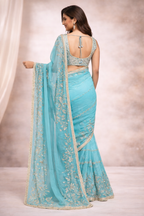 Sky Firozi Designer Saree with Silver Zari Embroidery & Lace Border | Party Wear & Wedding Saree for Women