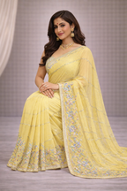 Pastel Yellow Designer Saree with Floral Embroidery & Lace Border | Elegant Party & Festive Wear Saree for Women
