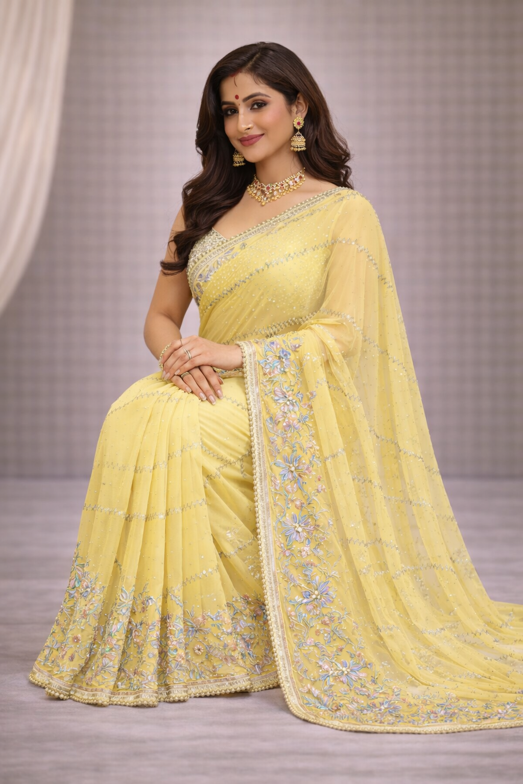 Pastel Yellow Designer Saree with Floral Embroidery & Lace Border | Elegant Party & Festive Wear Saree for Women