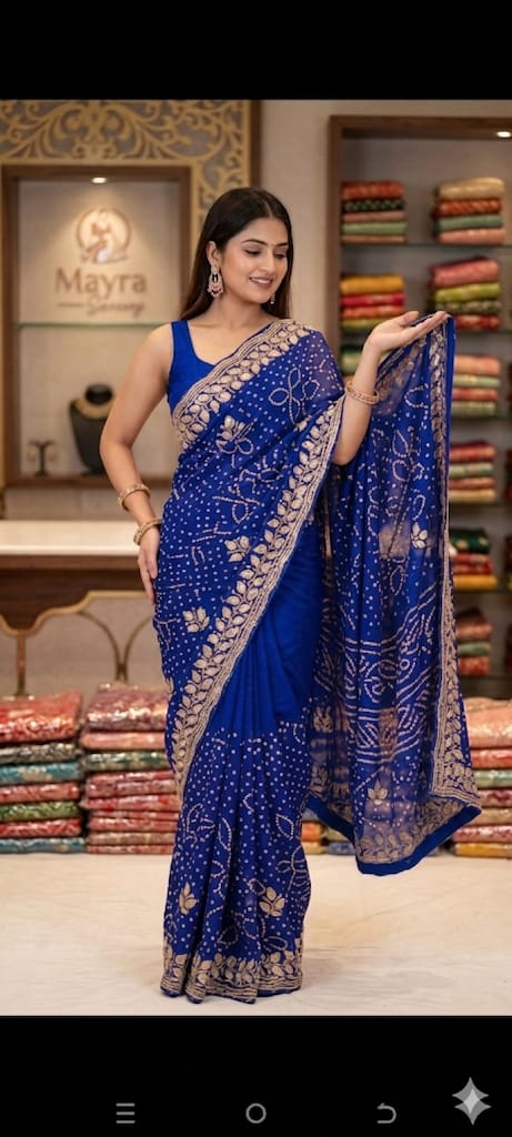 Royal Blue & Sky Blue Dual-Tone Bandhani Saree with Scalloped Embroidery