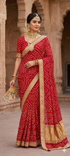 Traditional Rajasthani Red Shekhawati Bandhani Saree with Gota Patti Border