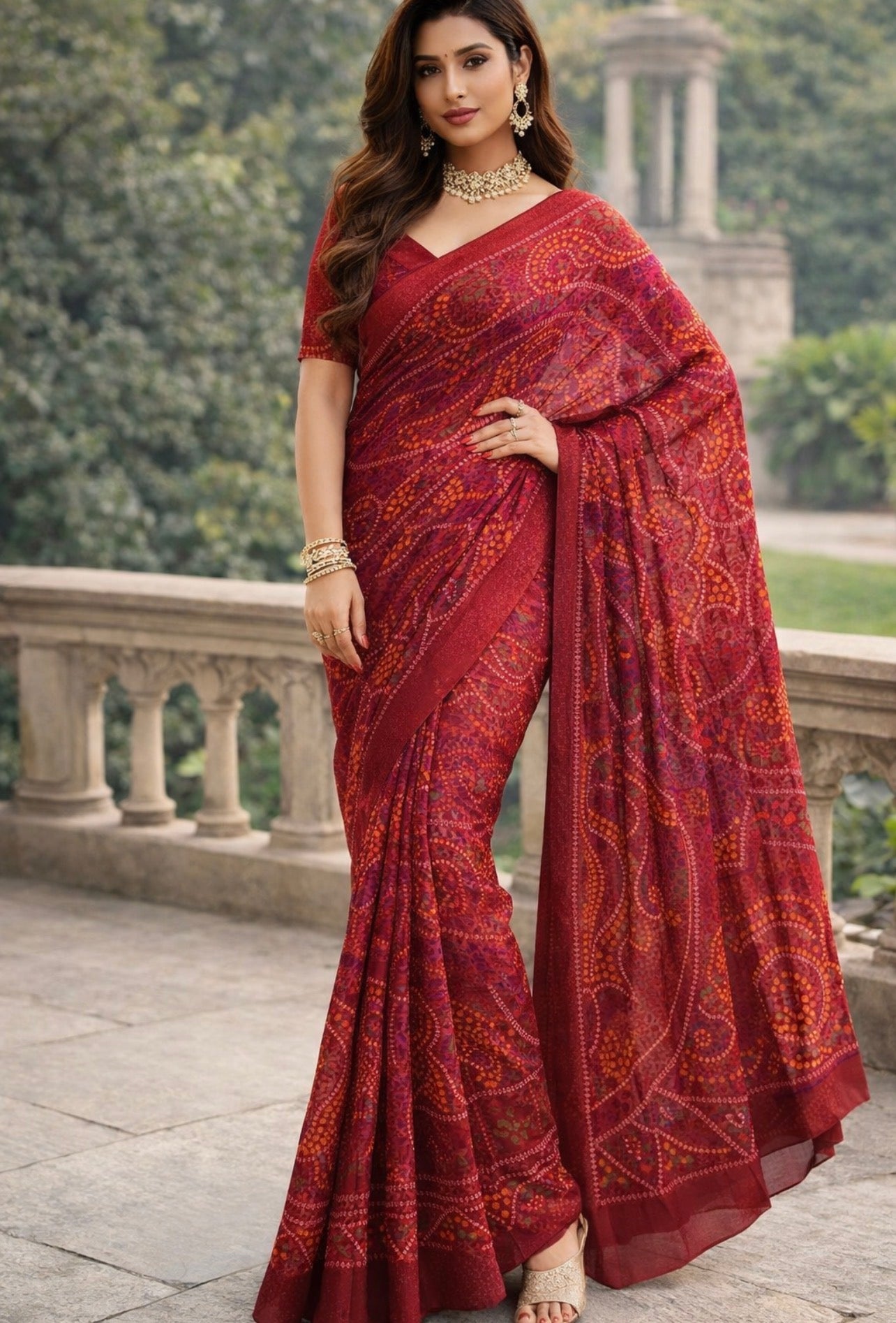 Elegant Mehroom (Maroon) Bandhani Printed Saree for Women | Stylish Lightweight Party Wear Saree