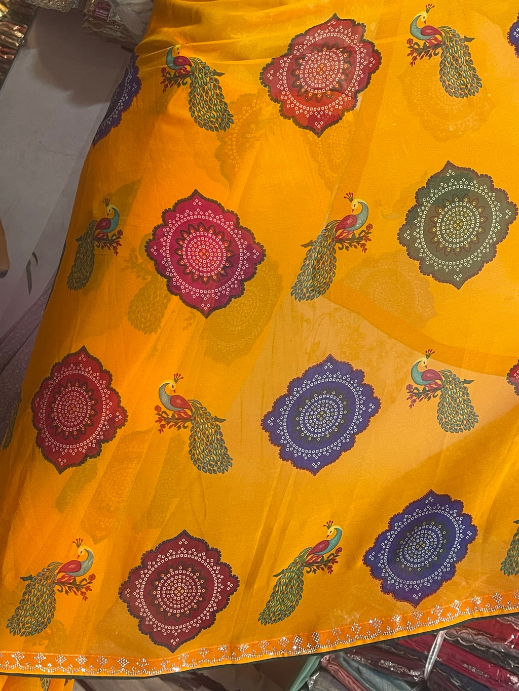 Mustard Yellow Printed Chiffon Saree with Peacock & Floral Design | Stylish Party Wear Saree