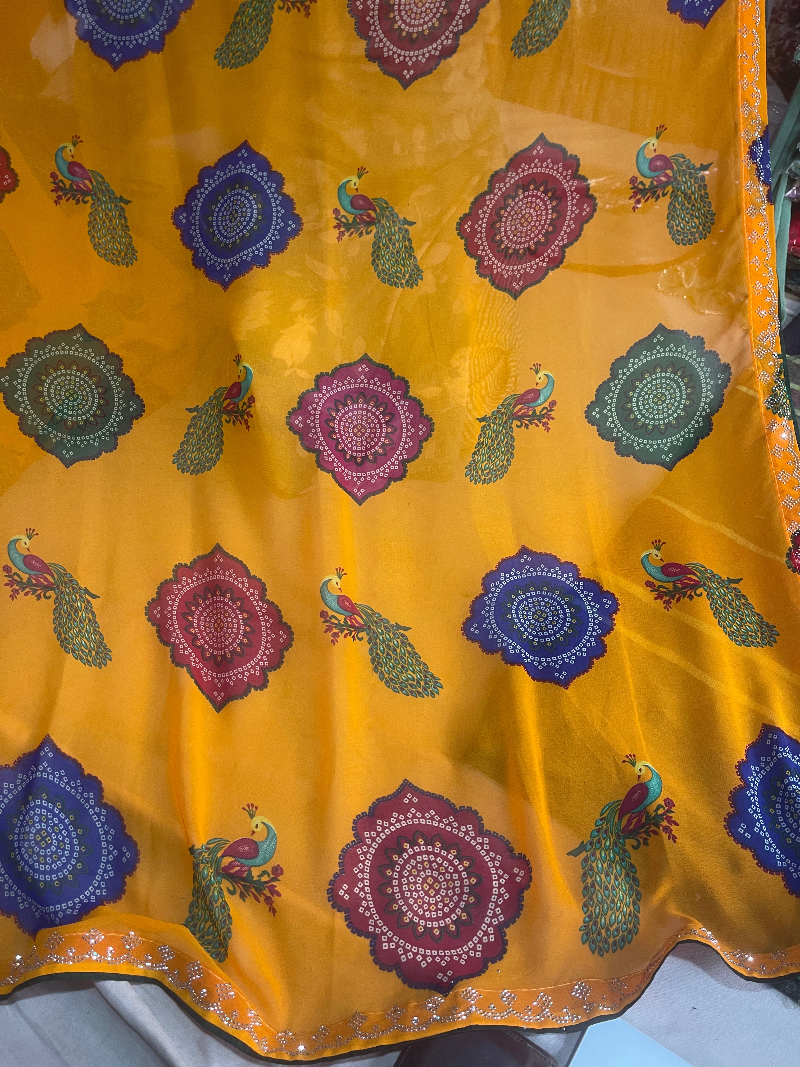 Mustard Yellow Printed Chiffon Saree with Peacock & Floral Design | Stylish Party Wear Saree
