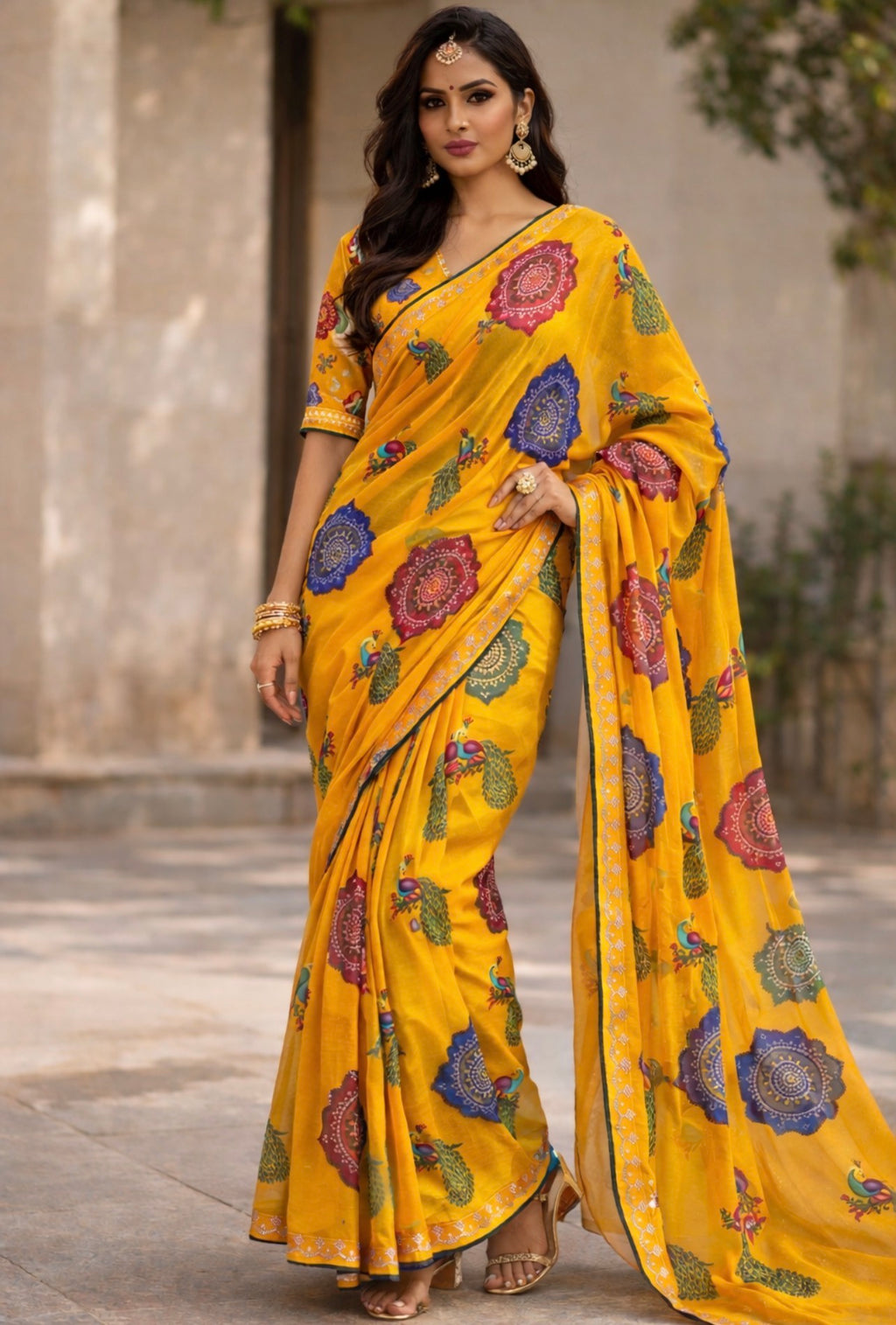 Mustard Yellow Printed Chiffon Saree with Peacock & Floral Design | Stylish Party Wear Saree