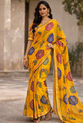 Mustard Yellow Printed Chiffon Saree with Peacock & Floral Design | Stylish Party Wear Saree